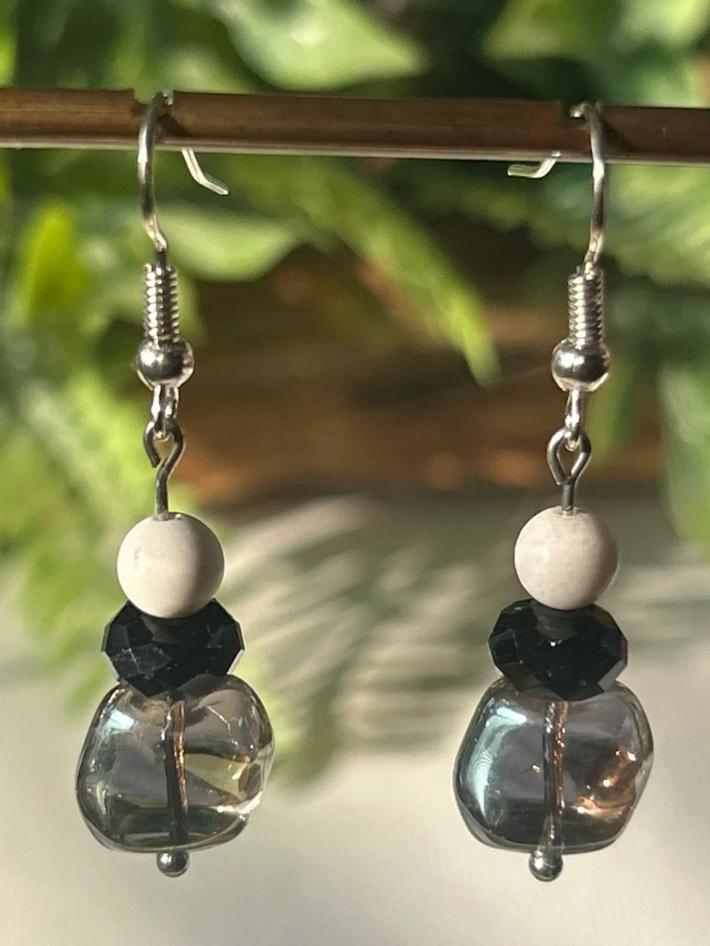 Silver-Tone Dangle Earrings with White, Black and Smoky Beads